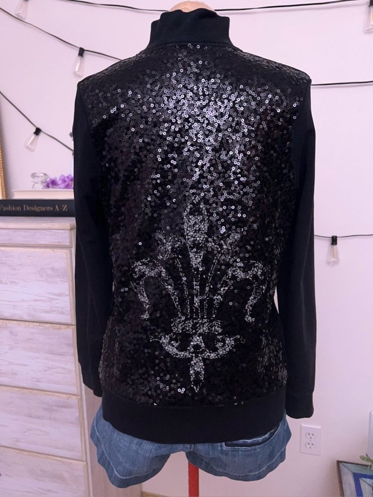 Vintage Y2K BCBG MaxAzria Black Sequin Fleur-de-Lis 95% Cotton Hoodie Sz L Glam