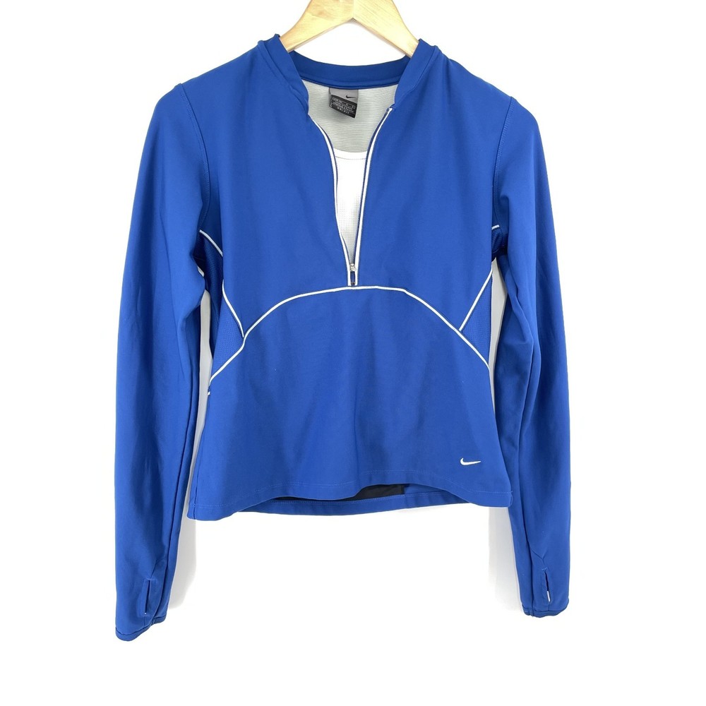 Nike Dri-FIT Running Pullover Women Large Blue Half Zip Thumbholes Built in Tank