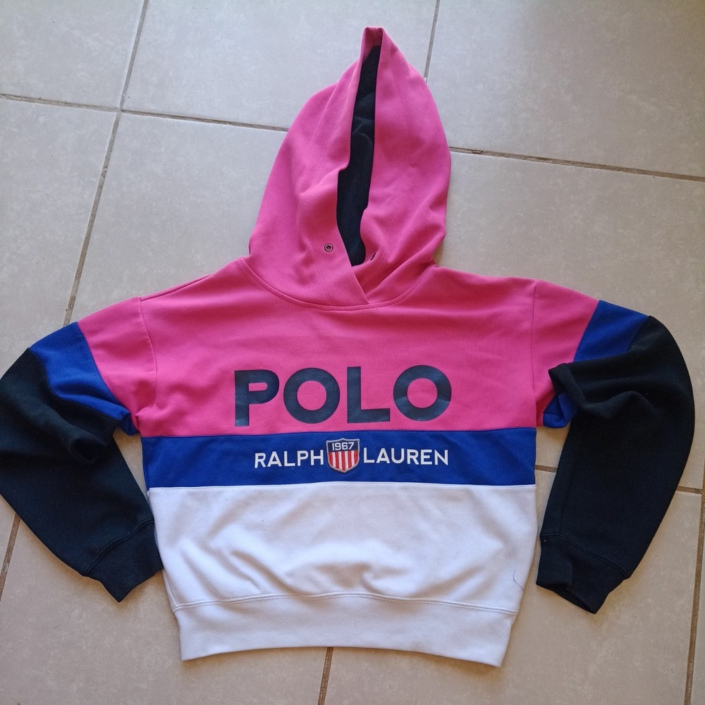 Polo Ralph Lauren Hoodie Small Pink Blue White Colorblock Pullover S