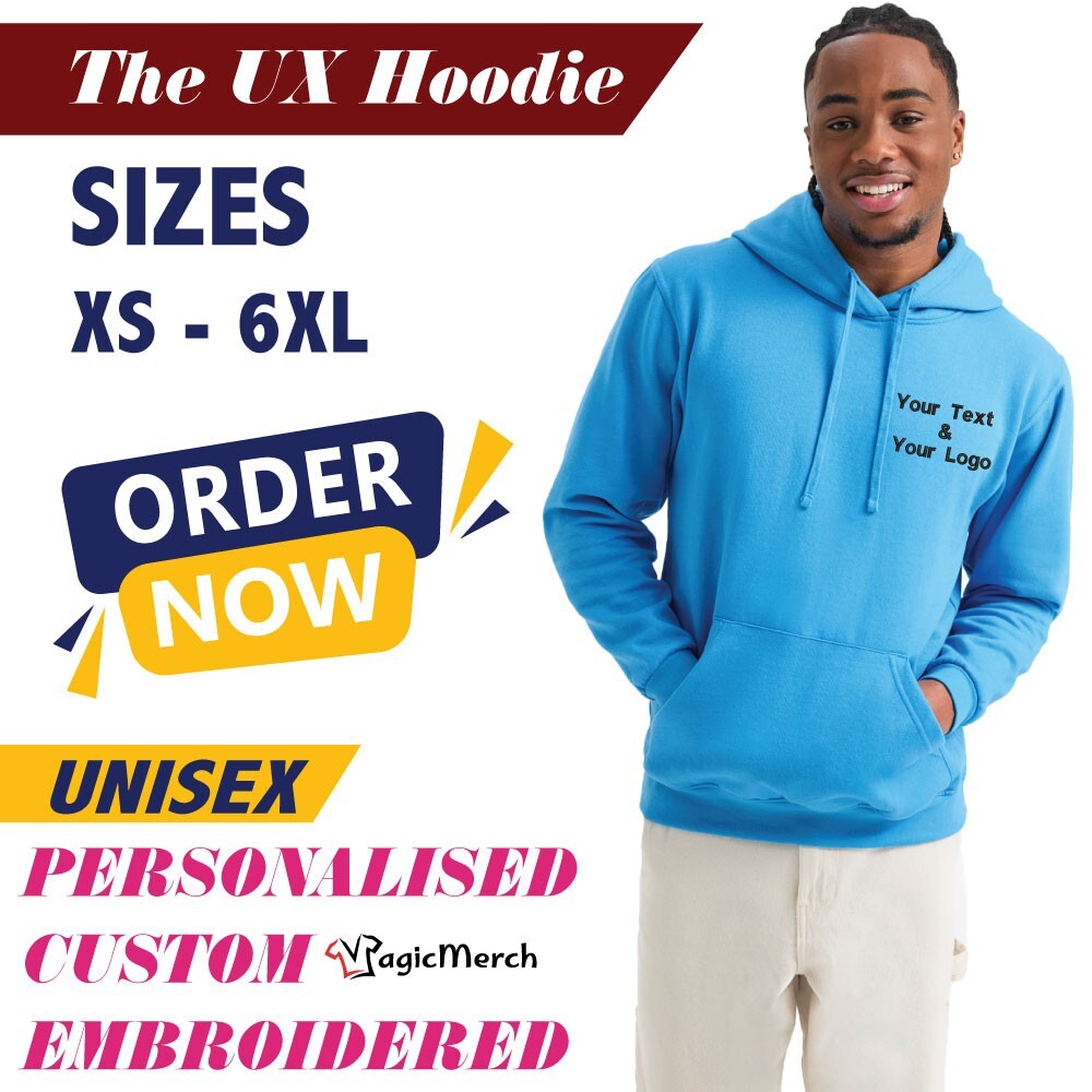 Personalised Custom Embroidered Uneek The UX Hoodie Your Text Logo Stag Hen UX4