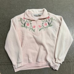 Basic Editions Pink Floral Embroidered Quarter Zip Sweatshirt Womens XL Fleece
