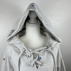 Storia Sweater Women Small Grey Hearts Print Cropped Pullover Oversized Hood