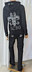 NWT BCBG sz L BLACK SILVER FLEUR DE LIS SWEATS JACKET PANTS TRACKSUIT BUST 38
