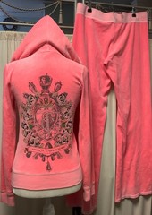 Juicy Couture Neon Pink Velour Straight Leg Low Rise Pants 33 x 33 Zip Up Hoodie