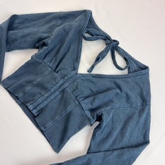 Pilcro Anthropologie Blue Ribbed Back Tie Sweatshirt Boho Crop Balloon Sleeve XS