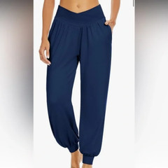 Women’s Satin Yoga Pants Navy Blue Pockets Loose Harem Fit S TARSE USA Seller