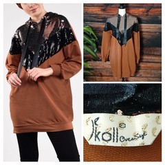 IKoll Oversize Hoodie Bling Glitz Sequin Hooded Sweatshirt Brown One Size