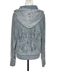 American Age Y2K Rhinestone Embroidered Fleur De Lis Hoodie Gray Speckled Zip Up