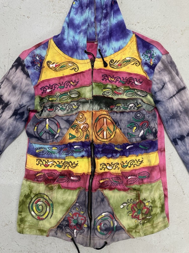 Colorful Tie Dye Patchwork Embroidered Zip Up Hoodie Boho Hippie Jacket