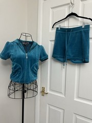 Vintage Juicy Couture USA Velour Hoodie & Shorts Set Turquoise Small Y2K
