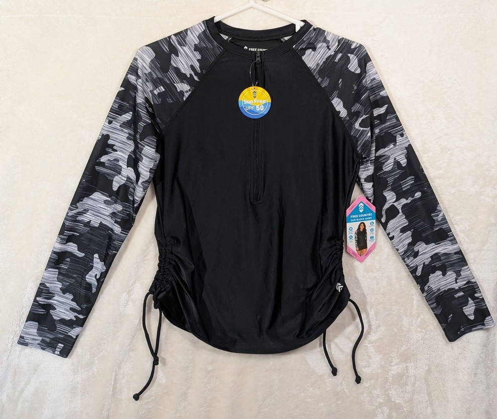 Free Country Women’s Small 4/6 Black Camo Stretch 1/2 Zip Sun Block Shirt UPF 50