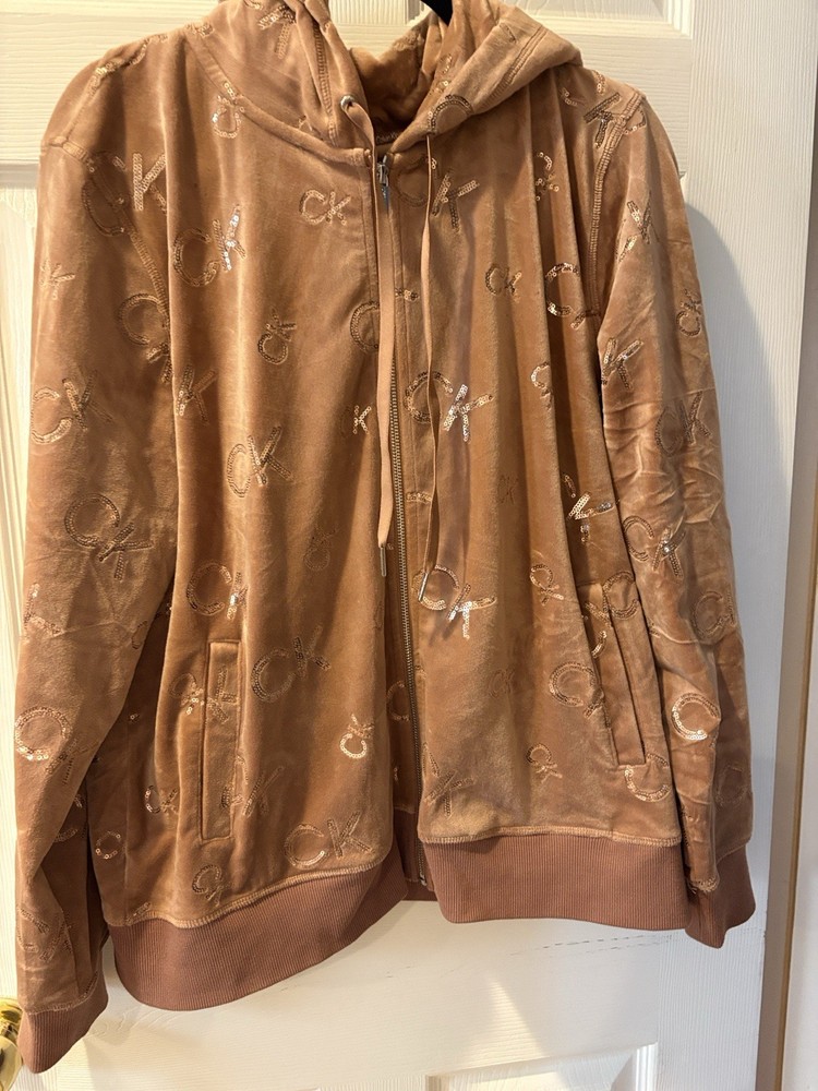 Calvin Klein Women’s Brown Velour Full Zip Hoodie Logo Pattern Pockets XL
