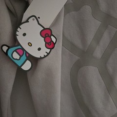 Hello Kitty Circle Graphic Logo Gray Pullover Fleece Hooded Hoodie Womens XL