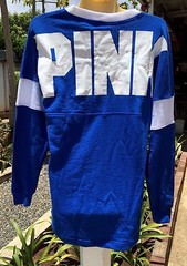 XS NWT VICTORIA SECRET PINK Blue & White Varsity Crew Pullover Sweatshirt NEW