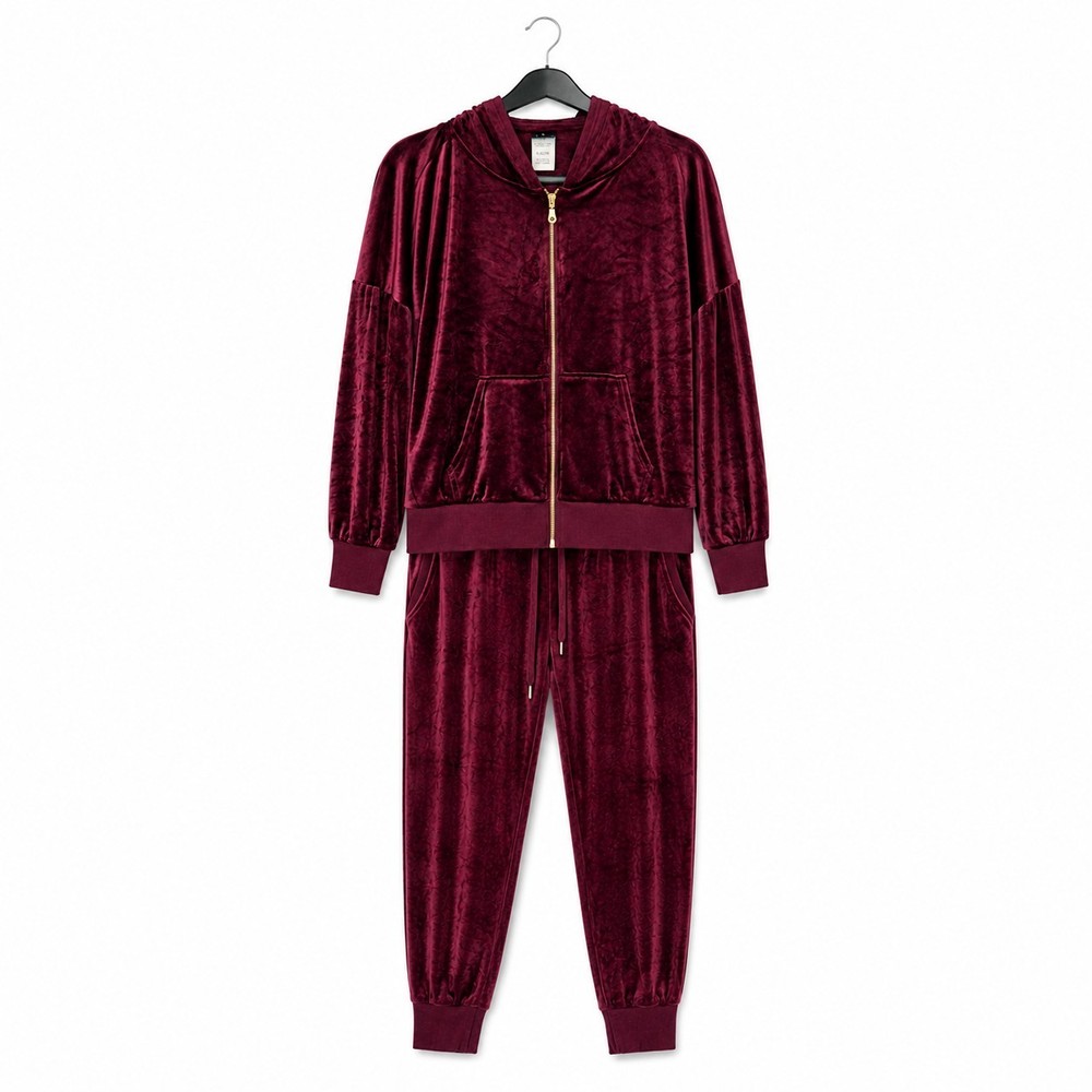 Felina Velour Tracksuit Set XL Burgundy Hooded Zip Jacket Jogger Pants Lounge