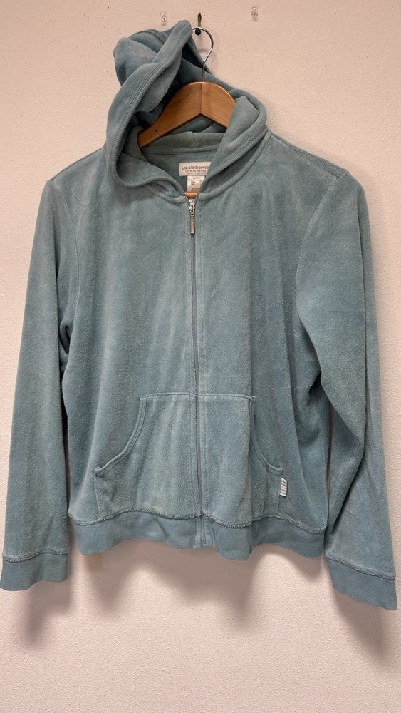 Liz Claiborne Liz & Co. Petite Velour Full Zip Hoodie w/ Pockets Blue L juicy