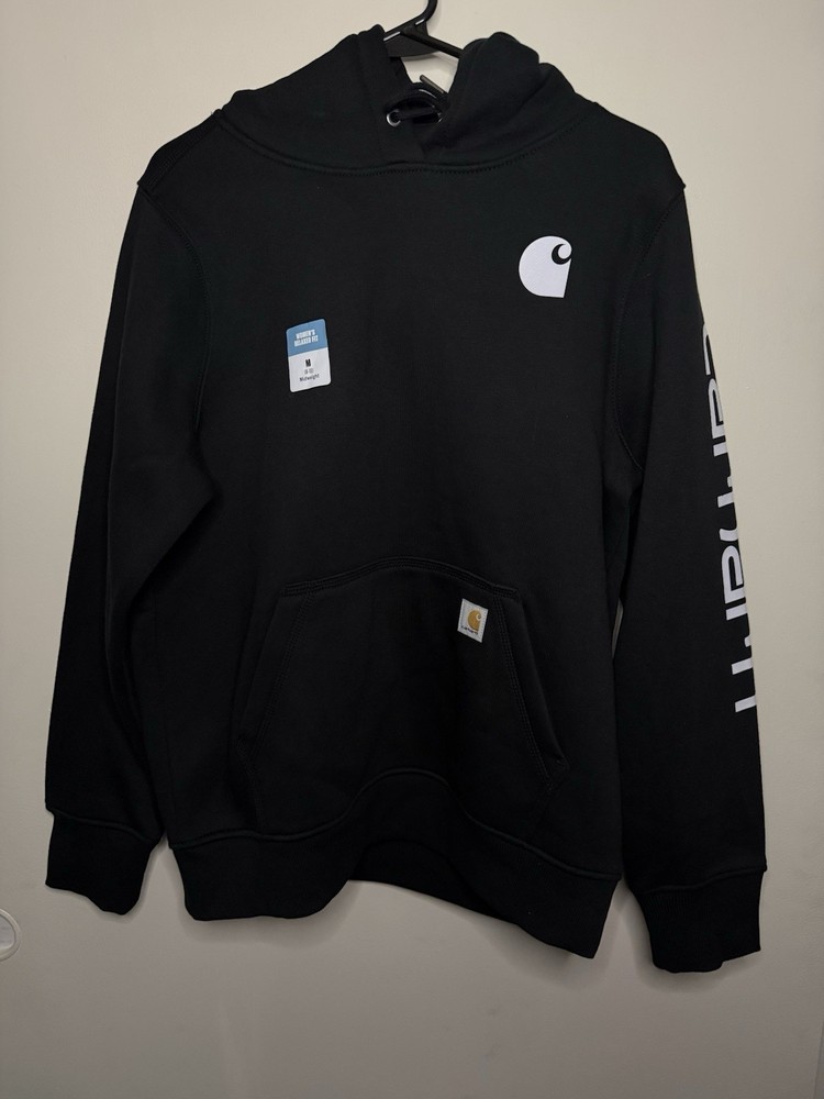 New Carhartt M Clarksburg Blck Graphic Sleeve Womens Hoodie Sweatshirt 8–10 Logo