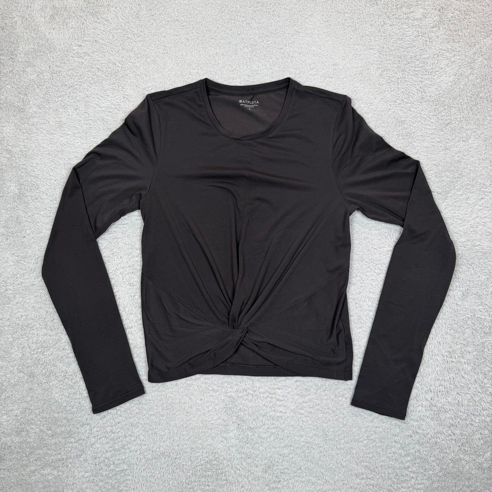 Athleta Black Twist Front Long Sleeve Activewear Top Crew Neck Small RN 54023