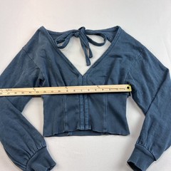Pilcro Anthropologie Blue Ribbed Back Tie Sweatshirt Boho Crop Balloon Sleeve XS
