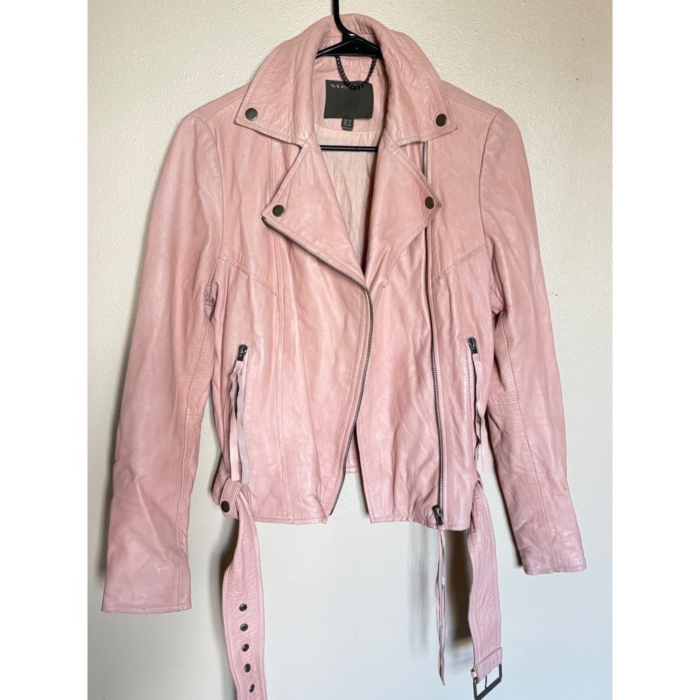 Muubaa Biker Jacket Leather Slim Fit Belted Moto Blush Pink Casual Night Out