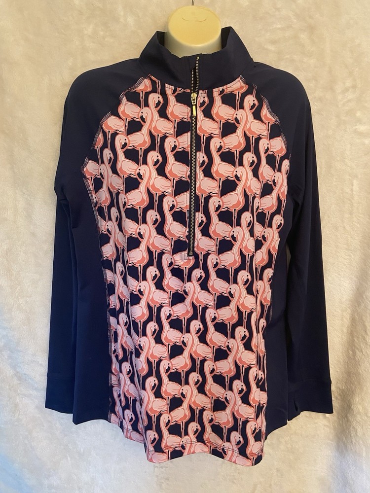 Women’s Navy/Pink Animal Print 1/4 Zip Mock Neck Raglan Stretch Top