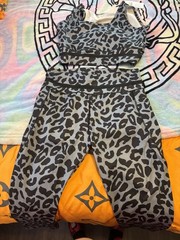 Leopard Print Jogger Activewear Set – Bra & Pants, Gray/Black, Sleeveless