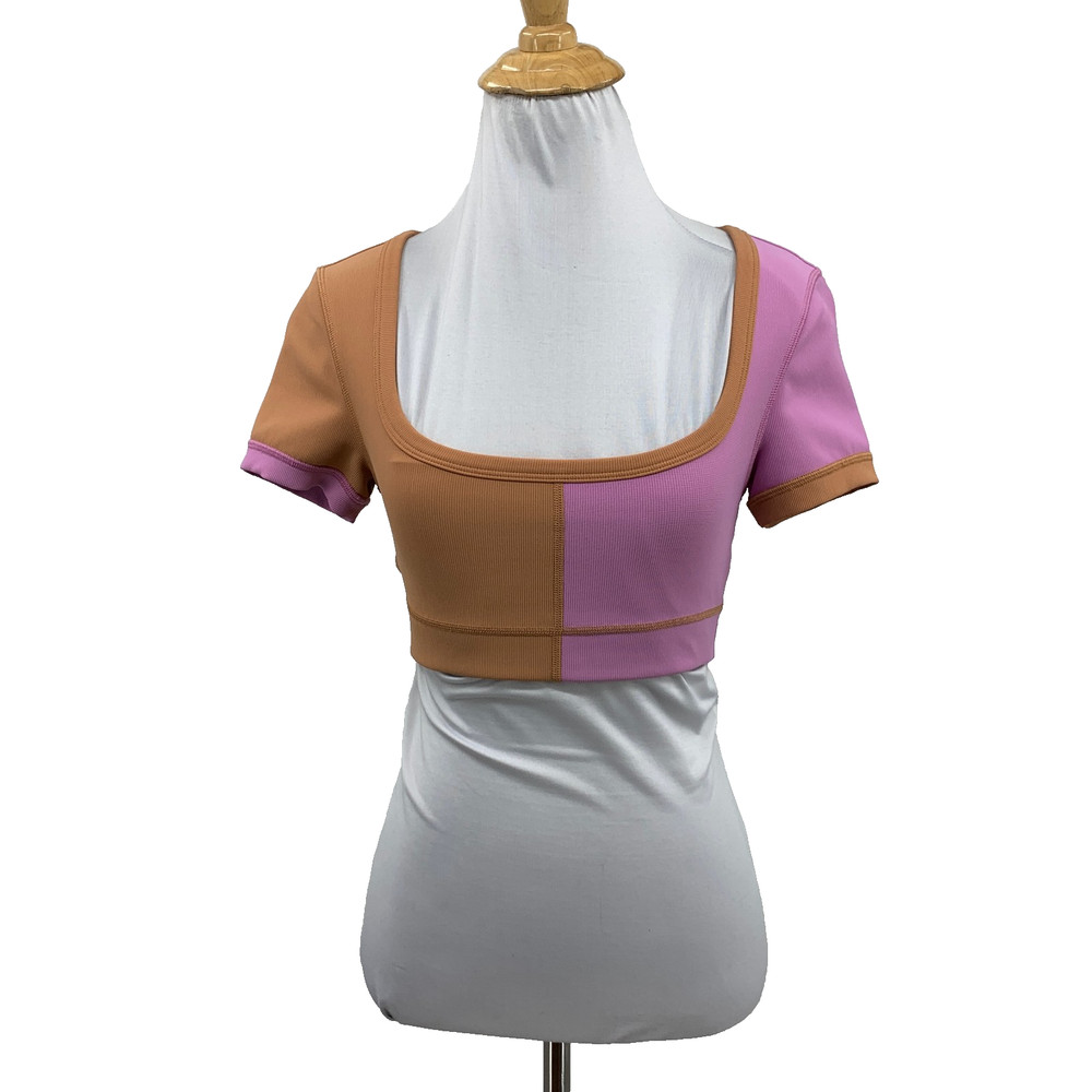 L*Space Top Womens S Small Tan Pink Active Revolutions Ribbed Colorblock Cropped