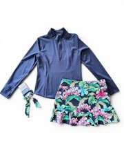 Tommy Bahama Everyday Active Women Navy Top Floral Skort Scrunchie Set Size M