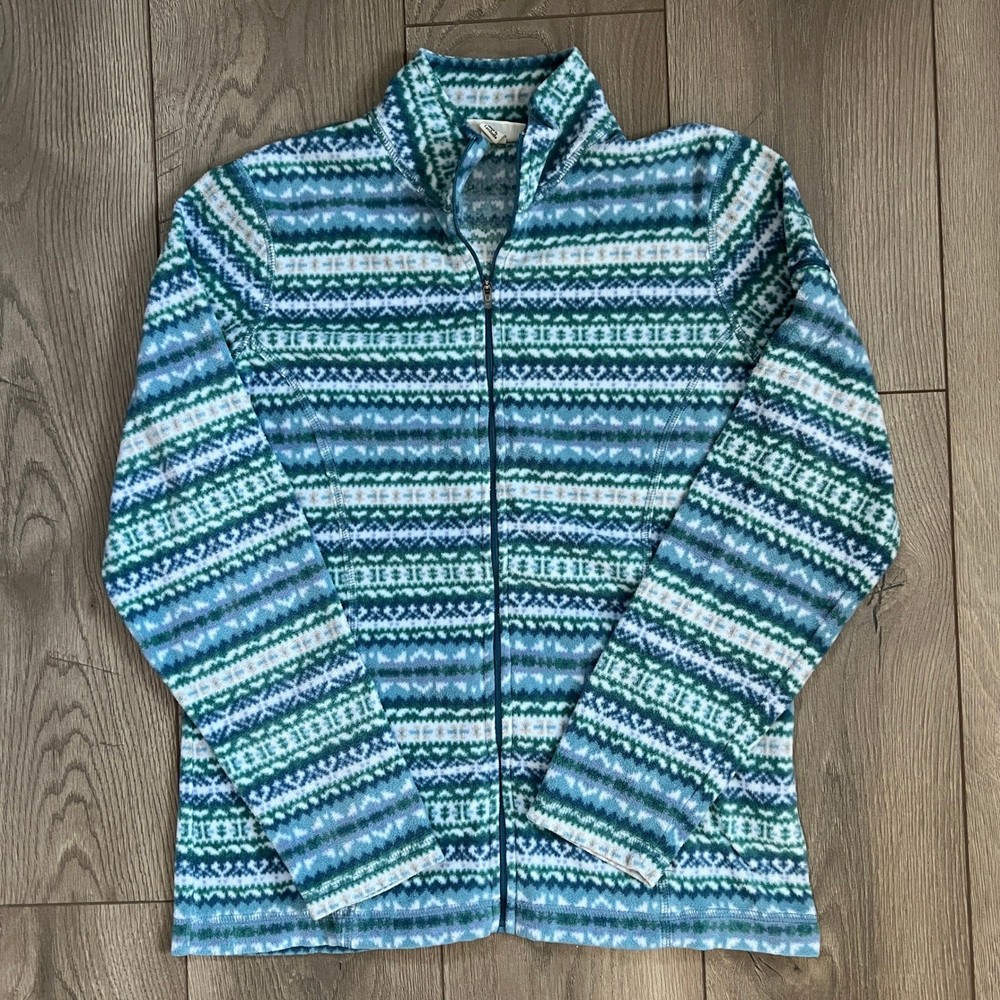 L.L Bean Womens Small Regular Nordic Print Full Zip Up Fleece Jacket Blue Teal