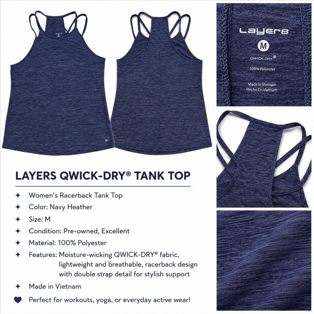 Layer8 Women’s M Navy Heathered Racerback Tank Scoop Neck Quick-Dry Moisture W
