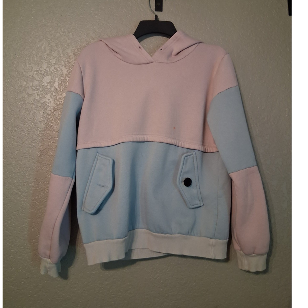 Colorblock Pink Blue White Pullover Hoodie with Pockets Button Accents