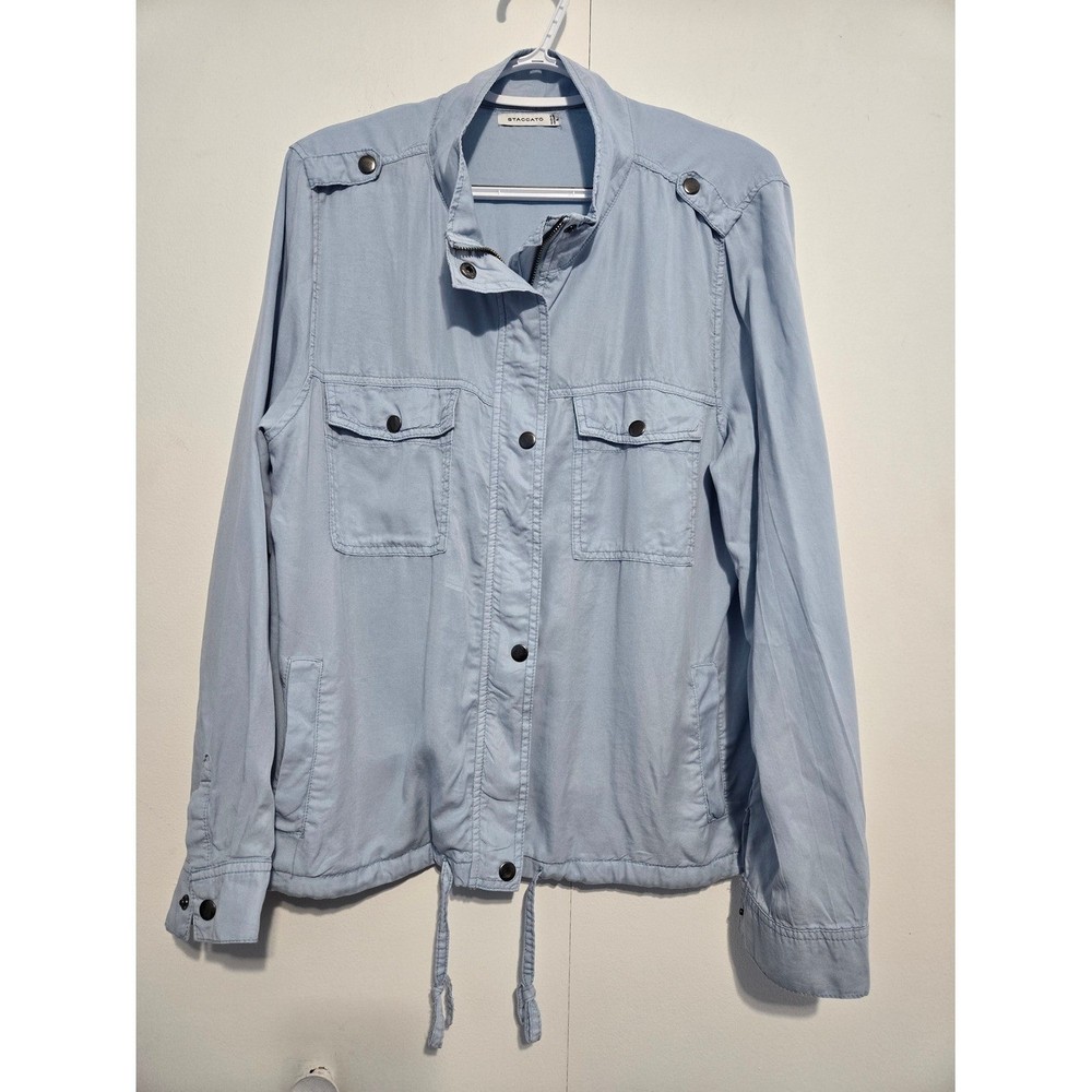 Staccato Tencel Utility Jacket Light Blue Snap Zip Drawstring Waist Size L