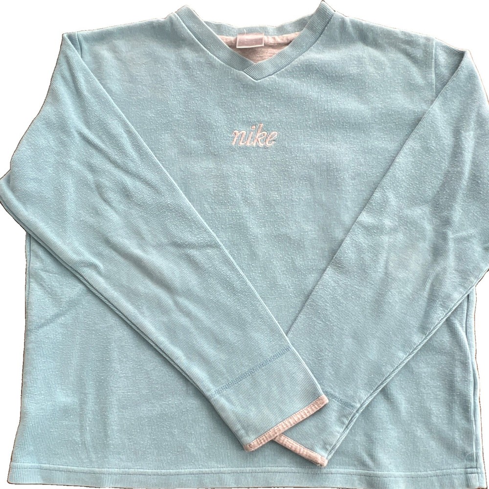 Vintage 2001 Nike Women’s Y2K Aqua 100% Cotton V-Neck Embroidered Script Logo