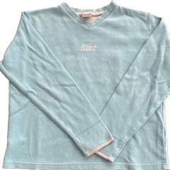 Vintage 2001 Nike Women’s Y2K Aqua 100% Cotton V-Neck Embroidered Script Logo