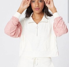 NWT L*Space Best Life Crop Pullover Half Zip Pockets Terry Cloth Pink Cream XS