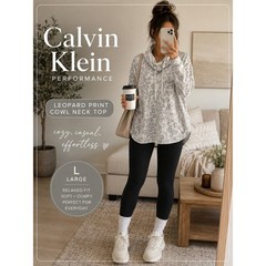 Calvin Klein Performance Gray Leopard Print Cowl Neck Pullover Top Size S