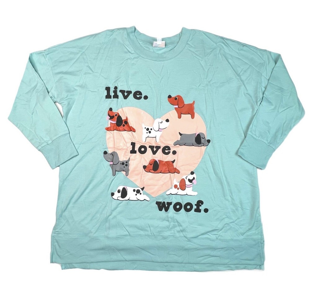 Small LuLaRoe HANNAH Sweatshirt Aqua Live Love Woof Dogs Fits 6/8 RARE