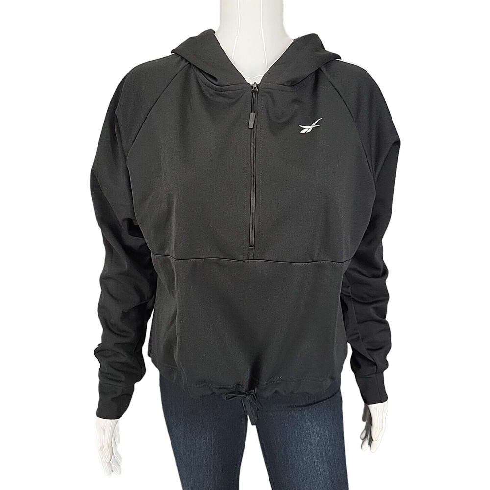 Reebok Workout Ready Quarter Zip Pullover Relaxed Hoodie Small Sz Black Top