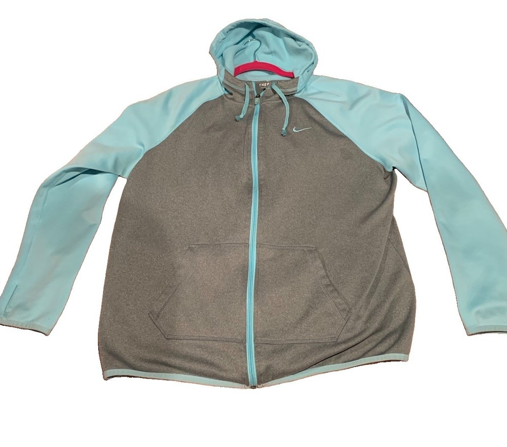 Nike Therma-FIT Women’s Full Zip Fleece Hoodie Logo Pockets Gray/teal XL