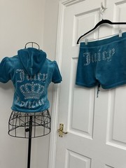 Vintage Juicy Couture USA Velour Hoodie & Shorts Set Turquoise Small Y2K