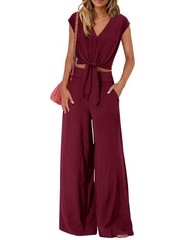 PRETTYGARDEN Women’s Summer 2 Piece Outfits 2025 Cap Sleeve V Neck Belted Crop