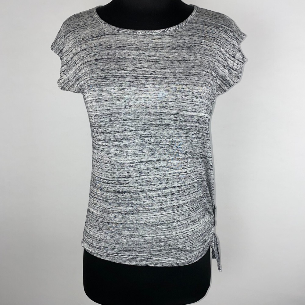 Athleta Womens XXS Gray Black Cap Sleeve Tee Asymmetric Hem Side Tie Rayon Blend