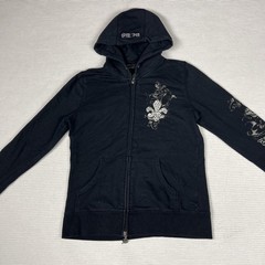 BCBGMAXAZRIA Hoodie Sweatshirt Womens M Black Full Zip Fleur De Lis Studded