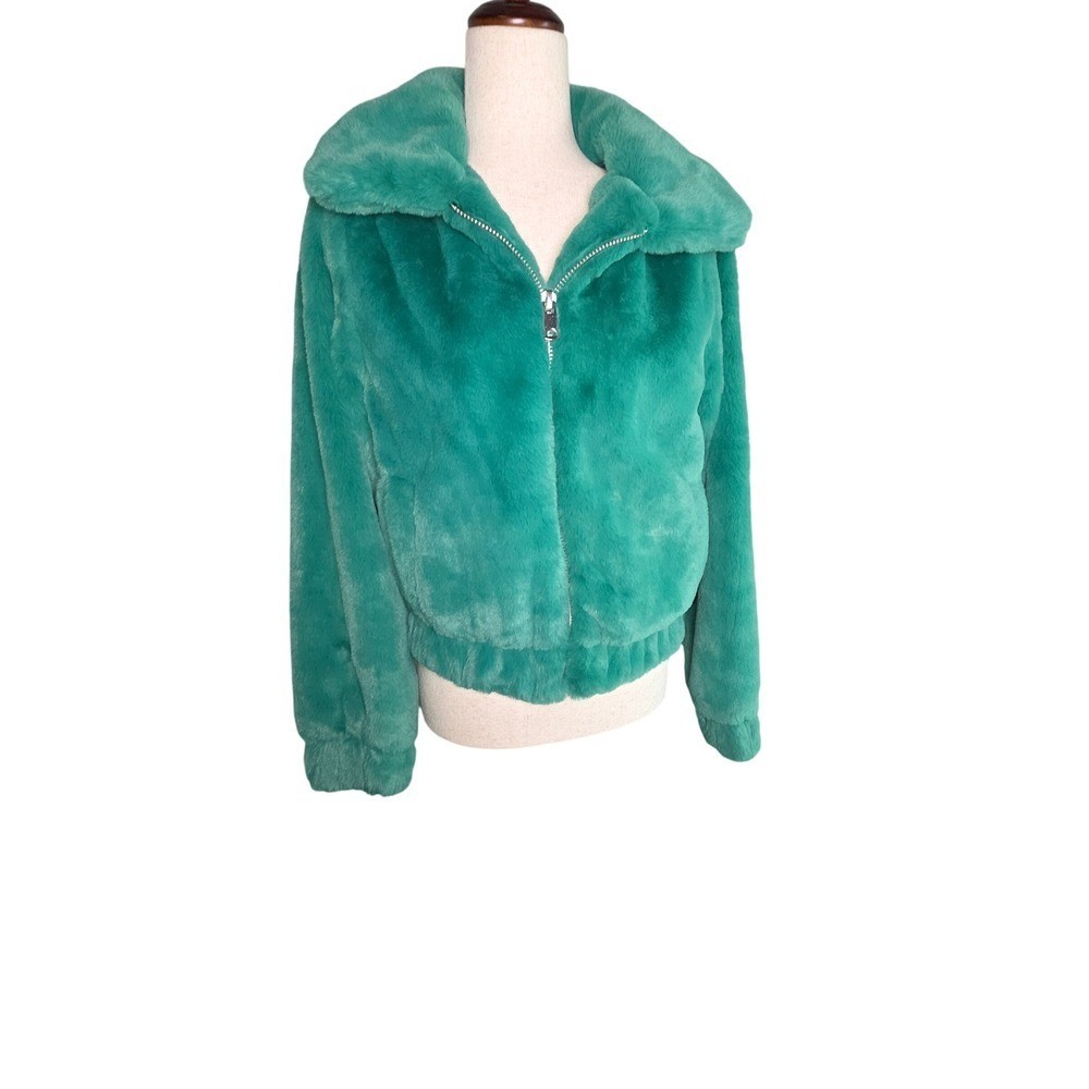Derek Heart Womens Teal Kelly Green Faux Fur Full Zip Bomber Jacket Size M New
