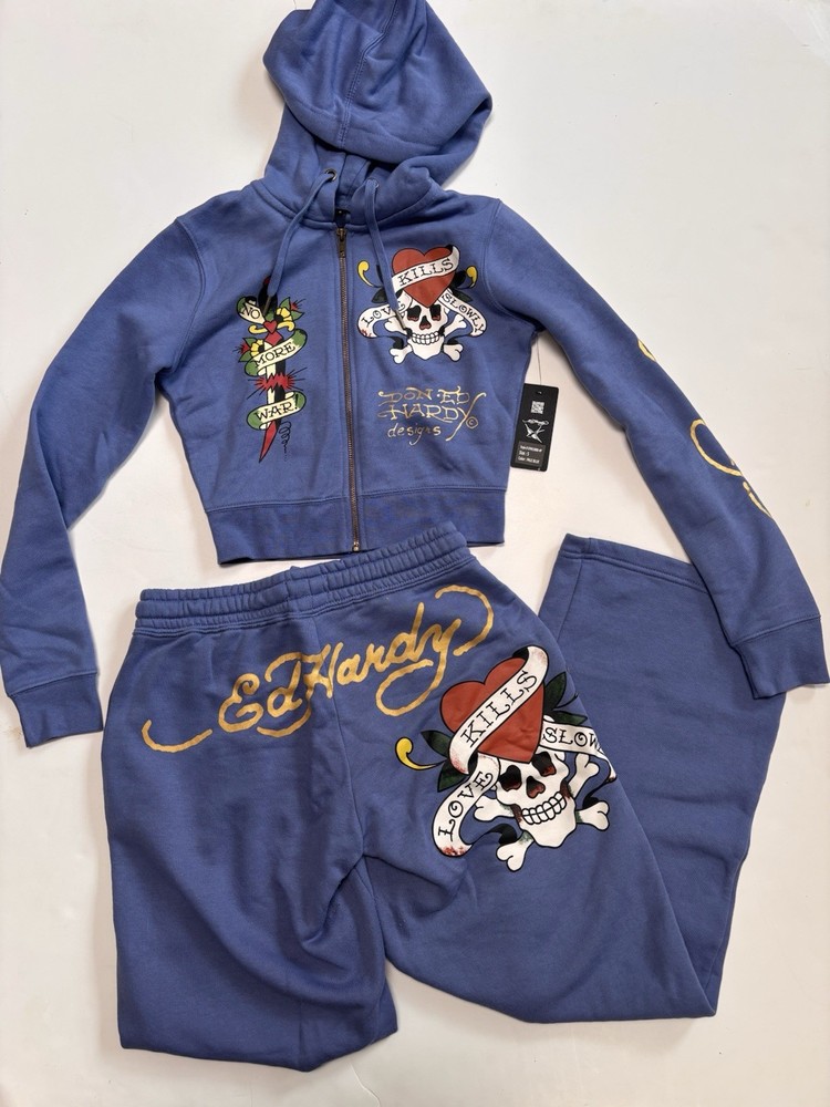 Y2K Ed Hardy Tracksuit Set Hoodie Sweatpants Periwinkle Blue Skull READ
