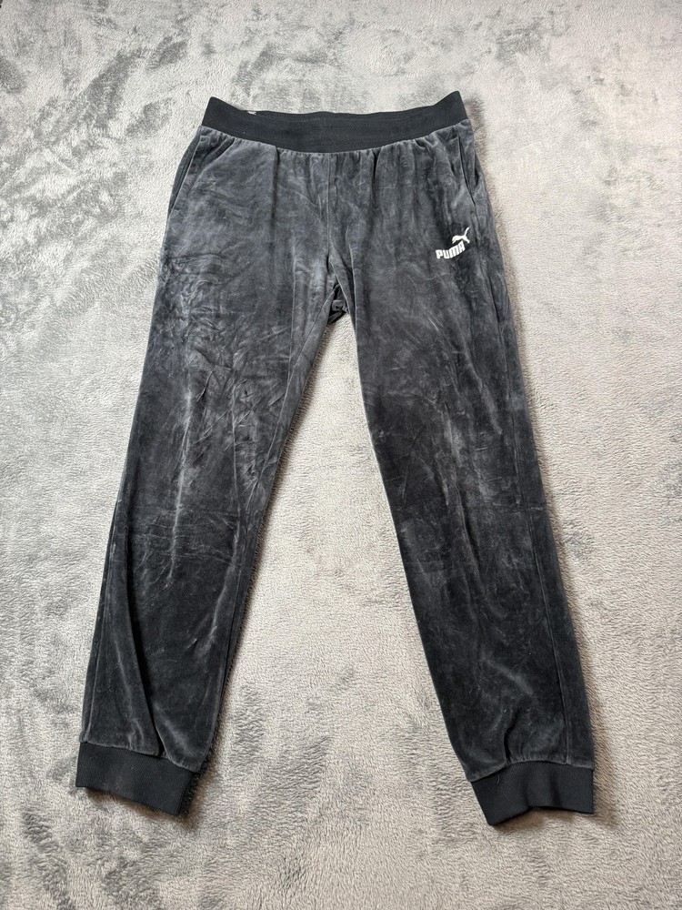 Puma Pants Womens Large Black Velour Joggers Elastic Waist Pockets Athletic