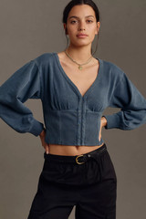 Pilcro Anthropologie Blue Ribbed Back Tie Sweatshirt Boho Crop Balloon Sleeve XS