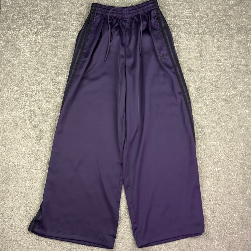 Adidas Track Pants Womens 6 Purple Wide Leg Satin 3 Stripe Originals