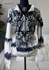 New VOCAL Womens CRYSTAL BLACK CREAM TIE DYE CROSS FLEUR DE LIS JACKET S Small