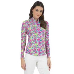 NWT IBKUL Rachel Hot Pink Multi Long Sleeve Mock Golf Shirt XS S M L XL XXL